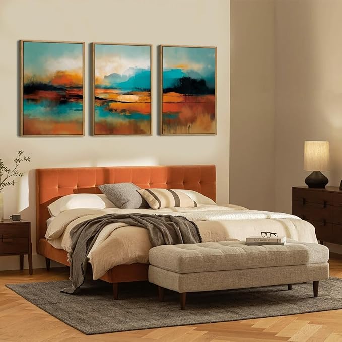 Large Abstract Burnt Orange Framed Canvas Wall Art,Neutral Blue and Black Wall Decor,Modern Brush Stroke Artwork,Minimalist Watercolor Art Print for Living Room,Bedroom,Office- 24"x36"x3