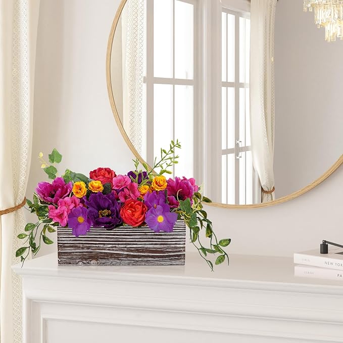 DILATATA Flower Arrangement with Wooden Vase 10" Artificial Flowers in Pot - Fake Flowers in White Rectangular Wooden Vase Potted Faux Flower Centerpieces for Table Decor Living Room - Purple