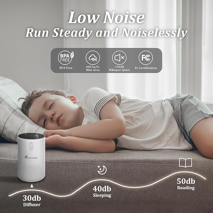 Waterless Diffuser for Essential Oil - Aroma Diffuser for Home with Battery Indicator, Portable Smart Scent Air Machine 1/2/3 & Continuous Mist, Timing & Auto-Off Function (White)
