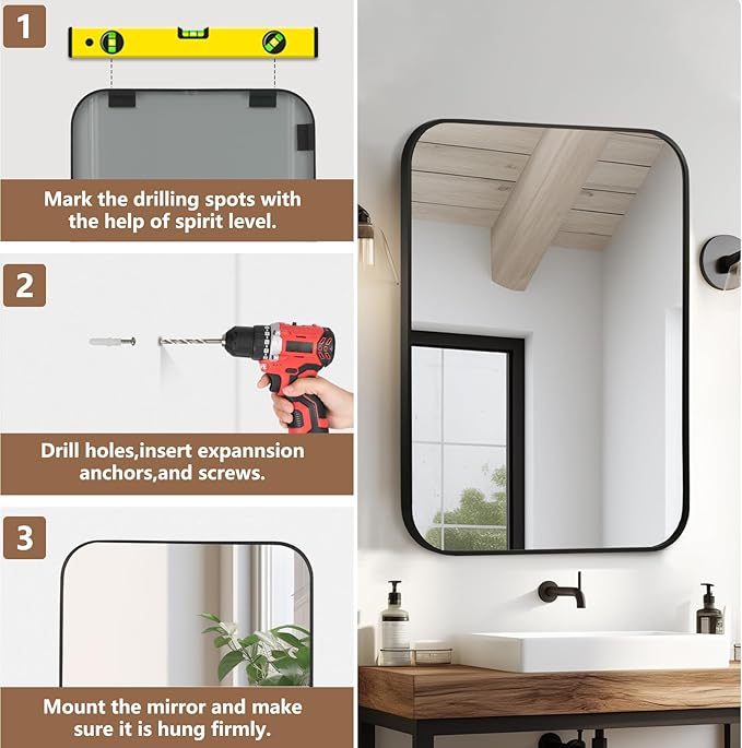 Matte Black Mirror, 20"x28" Rectangle Bathroom Mirror, Metal Frame Rectangle Corner Vanity Mirror, Wall Mounted Mirror for Modern, Living Room, Bedroom, Horizontal Or Vertical