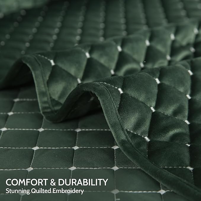 Luxury Velvet Quilt Set Queen Size, Reversible Stitching Queen Quilt Bedding Set, Soft Lightweight Bedspread and Coverlet with 2 Pillow Shams for All Season, Dark Green, 90" x 96"