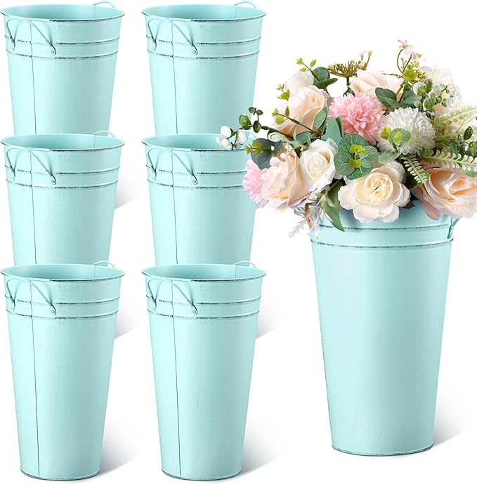 Irenare 12 Inch Vintage Galvanized Flower Bucket Metal Flower Vase Farmhouse French Bucket Planter Metal Floral Container for Party Table Centerpiece Weddings Home(Ice Blue,6 Pcs)