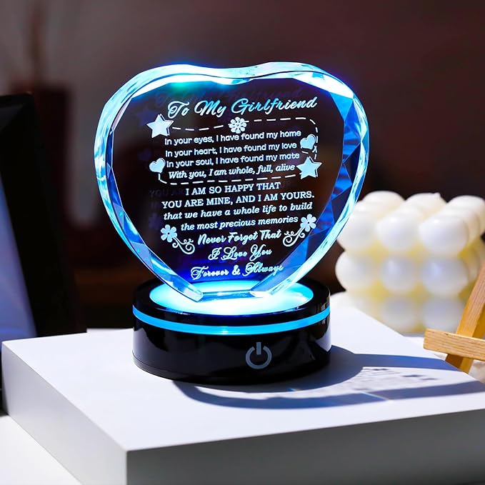YWHL Gifts for Girlfriend with Colorful Base Romantic Heart Crystal Keepsakes to My Girlfriend Gifts from Boyfriend on Birthday Anniversary I Love You Gifts for Her