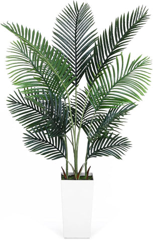Artificial Areca Palm Tree 5FT Fake Potted Plant Faux Silk Tropical Areca Palm Real Bark Design, Large Artificial Plant in Tall White Pot for Home Living Room House Warming Floor Decor