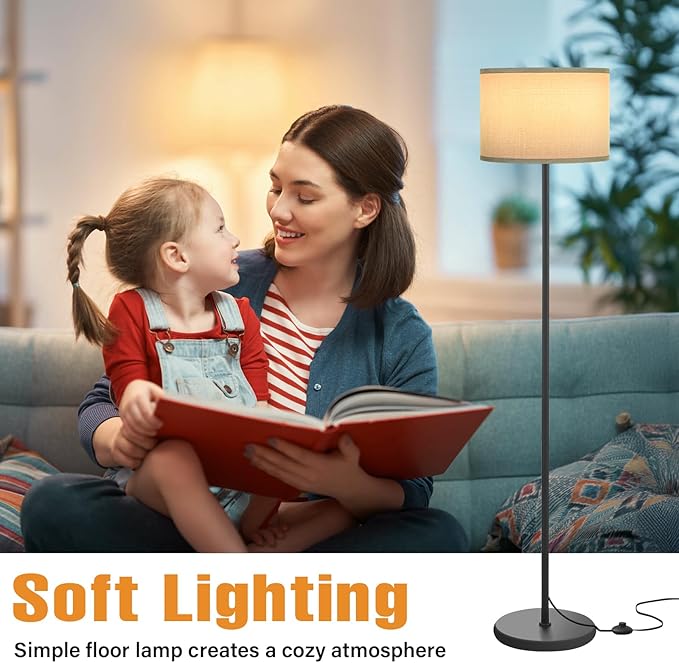 Ambimall 60'' Modern Floor Lamp with Shade, Tall Lamps for Living Room, Bedroom, Office, Dining Room, Grey Shade with Black Pole(Without Bulb)