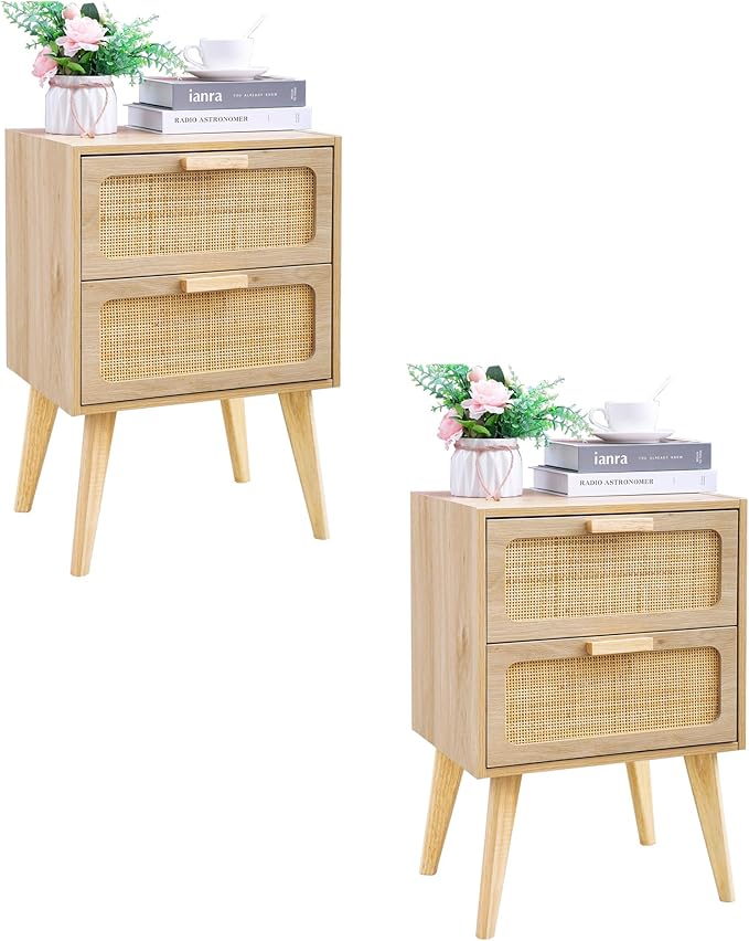 Rattan Nightstand Set of 2,Side Table with Hand Made Rattan Decorated Drawers,Boho Bedside Table,Wood Accent Table with Storage for Small Space,Livingroom, Bedroom, Natural CTG59Y-2