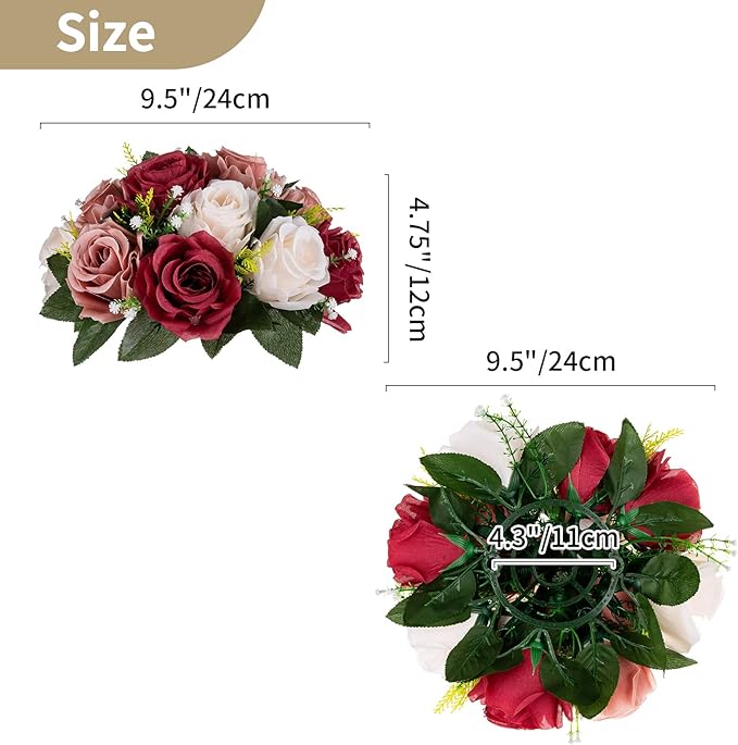 NUPTIO 테이블용 조화 센터피스 - 버건디 & 더스티 로즈 & 크리미 화이트 인조 꽃 장미 공 24.1cm(9.5인치) 직경 - 웨딩 파티 테이블 장식용 실크 인조 장미 장식