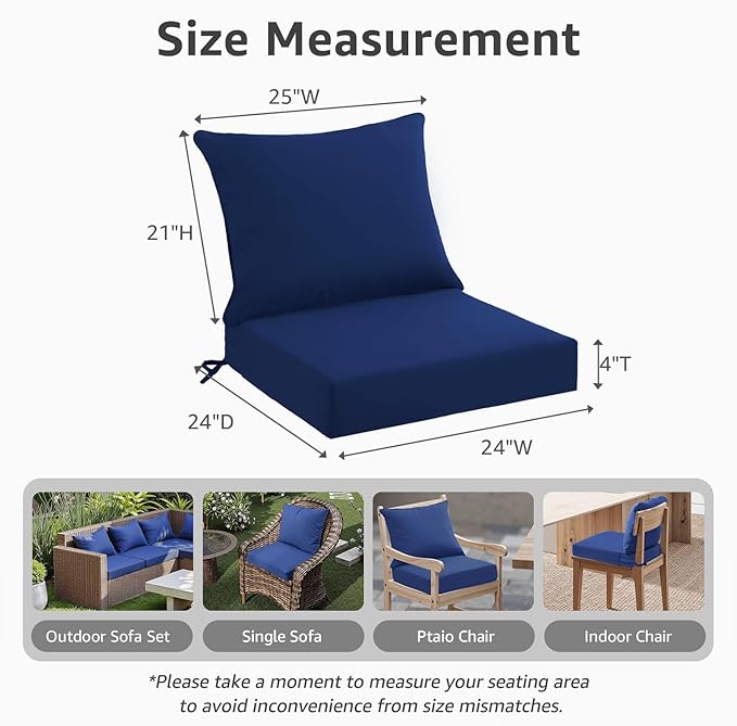 Outdoor Seat Cushion Set 24 x 24 x 4 Inch, Waterproof & Fade Resistant Patio Furniture Cushions with Removable Cover and Ties, Thick Deep Seating Pads for Outside Chair Sofa Couch, Blue