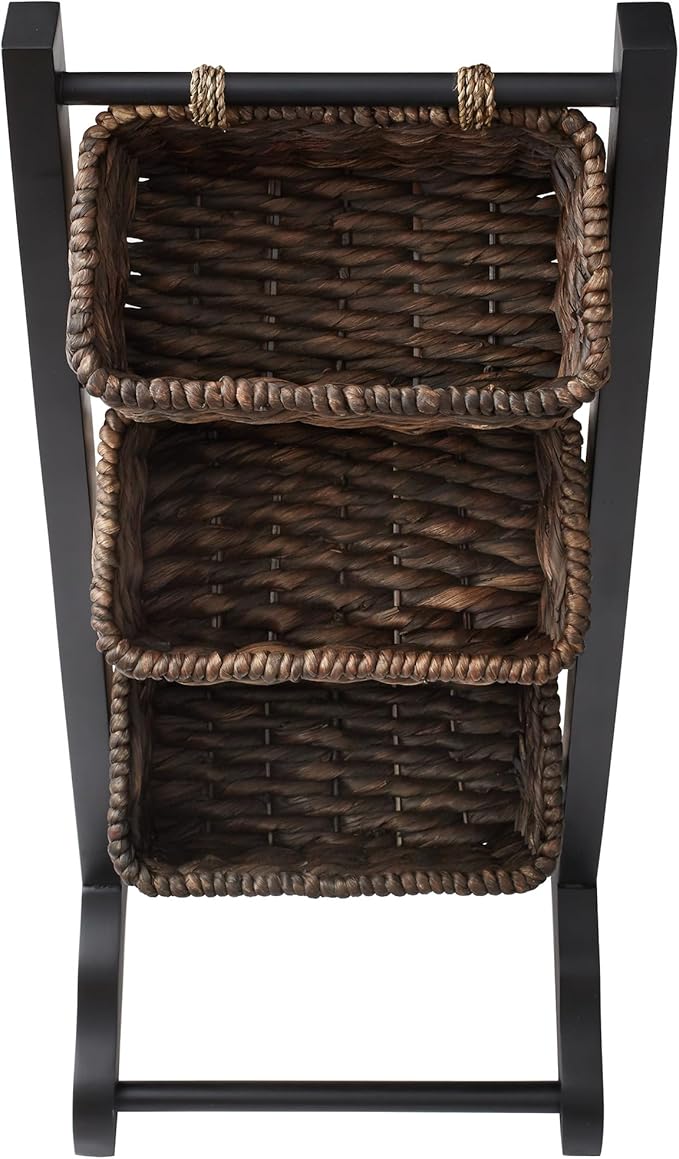 Casafield 3-Tier Floor Stand with Water Hyacinth Storage Baskets, Black/Espresso - Standing Organizer Rack for Bathroom, Kitchen, Laundry, Living Room