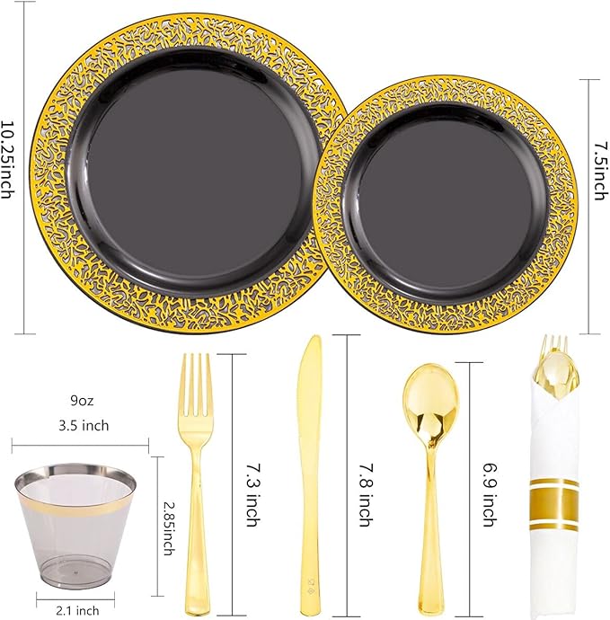 NOCCUR 210pcs Black and Gold Dinnerware Set - Black Disposable Plates and Napkins Party Supplies Include 60 Dinner/Dessert Plates, 30 Prerolled Plastic Cutlery&30 Cups for Party, Birthday, Halloween