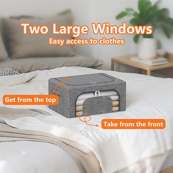 22L Stackable Clothes Storage Bins with Metal Frame, 4 Piece Stackable Clothes Organizer with Double Opening + Clear Window Design for Cabinets, Under Beds, Storage and Garage Gray
