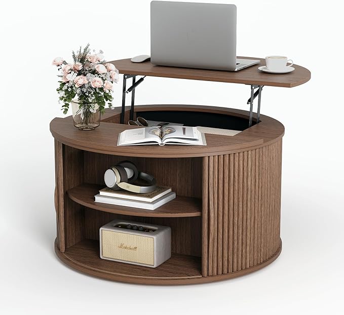Lift Top Coffee Table,31.5” Mid Century Modern Center Table with Hidden Storage,Round Fluted Coffee Tables for Living Room, Home Office,Walnut