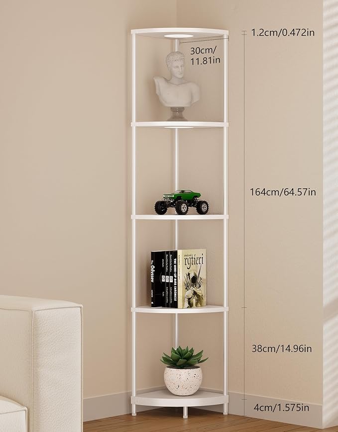 Corner Shelf with RGBCW LED Light, 64.5” Tall Floor Lamp Narrow Bookshelf Organizer, Standing Shelves with Metal Pole, Display Storage Rack for Wall Corner, Living Room, Bedroom, Office Décor, White