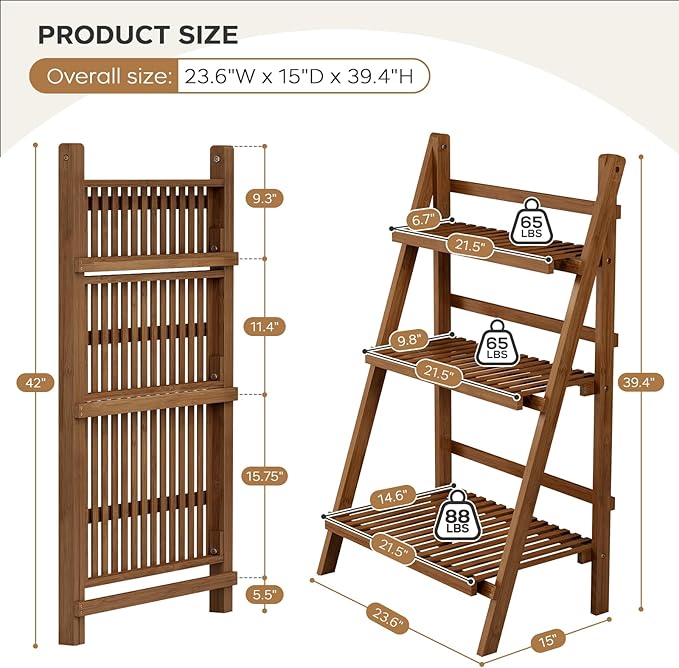 Bamboo Ladder Shelf Plant Shelf, 3 Tier Foldable Ladder Flower Pot Display Shelf Rack, Freestanding Ladder Bookshelf for Garden, Balcony, Yard, Patio, Lawn, Living Room, 23.6"W x 15"D x 39.4"H, Walnut