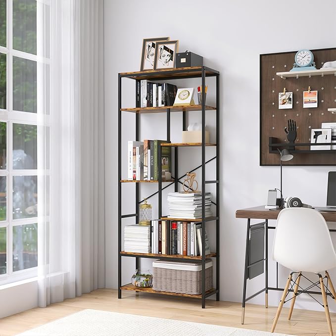 Book Shelf, 5 Tier Bookcase, Tall Bookshelf Modern Book Case for Books, Ornament, Free Standing Storage Organizer for Bedroom Home Office Kitchen Living Room (Rust Brown, 6-Tier)