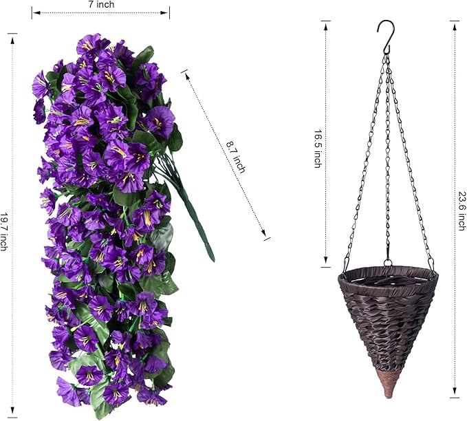 Artificial Faux Hanging Flowers Plants Basket for Spring Summer Outdoor Porch Decor, Fake Silk Purple Morning Glory Long Vine in Planter UV Resistant Realistic for Inside Home Patio Balcony