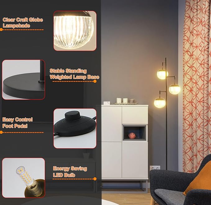 Fiqevs Mid Century Modern Floor Lamp with LED Bulbs, 3 Globe Standing Lamp with 3 Ribbed Clear Orb Shades, Black Tall Lamp for Living Room Bedroom Office