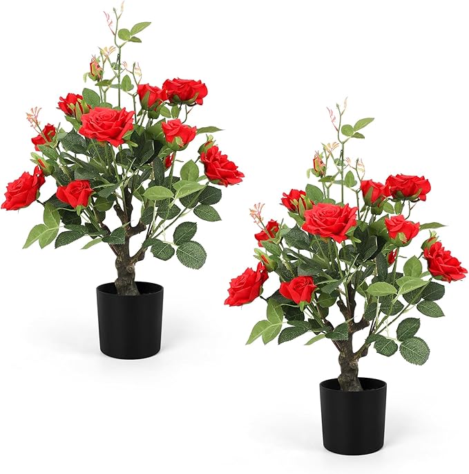 Romantic season 2Pack Artificial Rose Flower Trees, 24Inch Red Faux Rose Tree with Green Leaves for Living Room Office Home Outdoor Indoor Decor