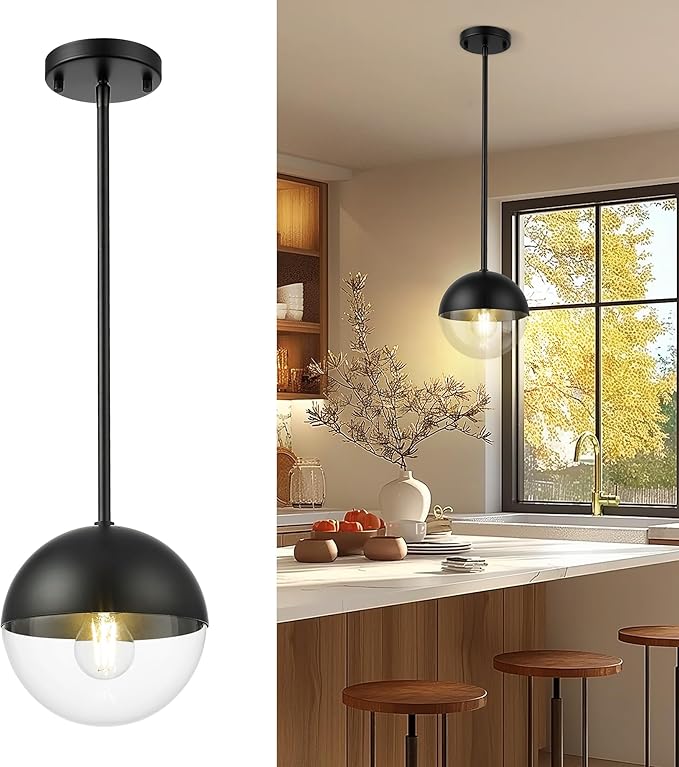 LMS Modern Pendant Lights, Matte Black Kitchen Island Pendant Light Fixtures, Adjustable Hanging Rod Ceiling Light for Dining Room Bathroom Bedroom, LMS-186BKC