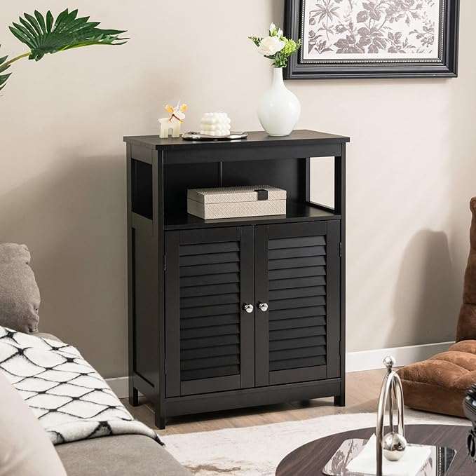 Tangkula Bathroom Floor Cabinet, Wooden Freestanding Storage Cabinet with Double Shutter Door & Adjustable Shelf, Storage Cabinet for Bathroom Living Room (Black)