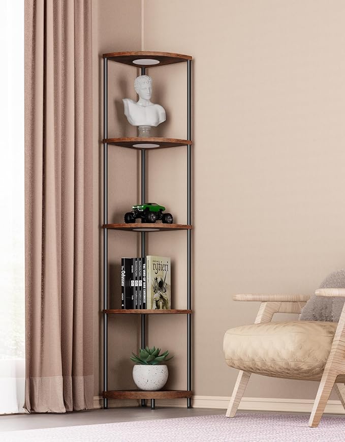 Corner Shelf with RGBCW LED Light, 64.5” Tall Floor Lamp Narrow Bookshelf Organizer, Standing Shelves with Metal Pole, Display Storage Rack for Wall Corner, Living Room, Bedroom, Office Décor, Brown