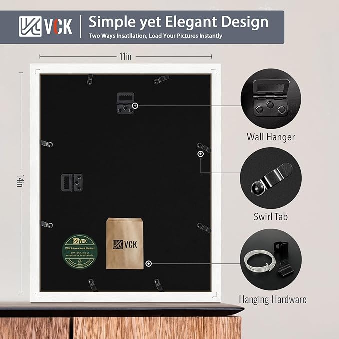 VCK 11x14 White Picture Frames with Mat, 8x10 Matted to 11x14 Wood Photo Frame with Real Glass, 2 Pack for Wall Mount, Horizontal & Vertical