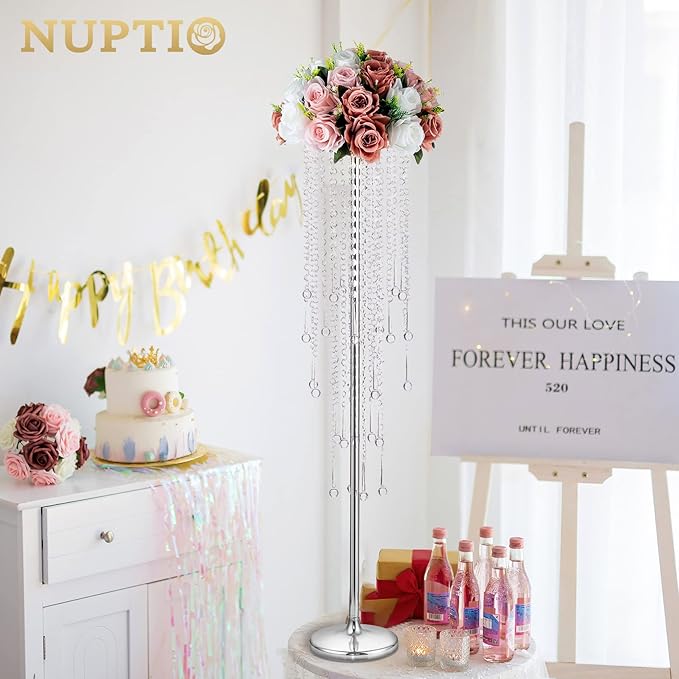 NUPTIO Silver Crystal Flower Vases for Weddings, 2 Pcs 39.4in Tall, Elegant Party Decorations