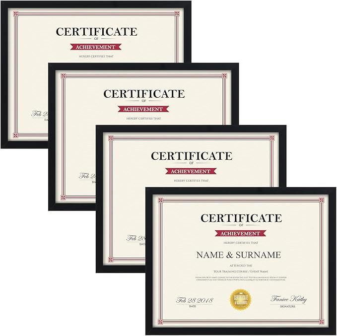 Giftgarden Black 8.5x11 Picture Frame Set of 4, Matted to 6x8 Picture or 8.5 x 11 Inch Certificate Award Document Without Mat, Wall and Tabletop Display