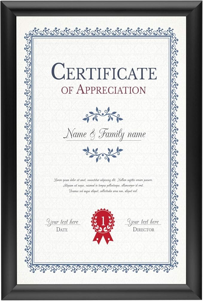 SnapeZo Black Document Notice Frame 11x17 Inch, 1" Narrow Profile, Front-Loading Snap Frame, Wall Mounted, Professional Series