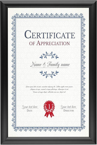 SnapeZo Black Document Notice Frame 11x17 Inch, 1" Narrow Profile, Front-Loading Snap Frame, Wall Mounted, Professional Series
