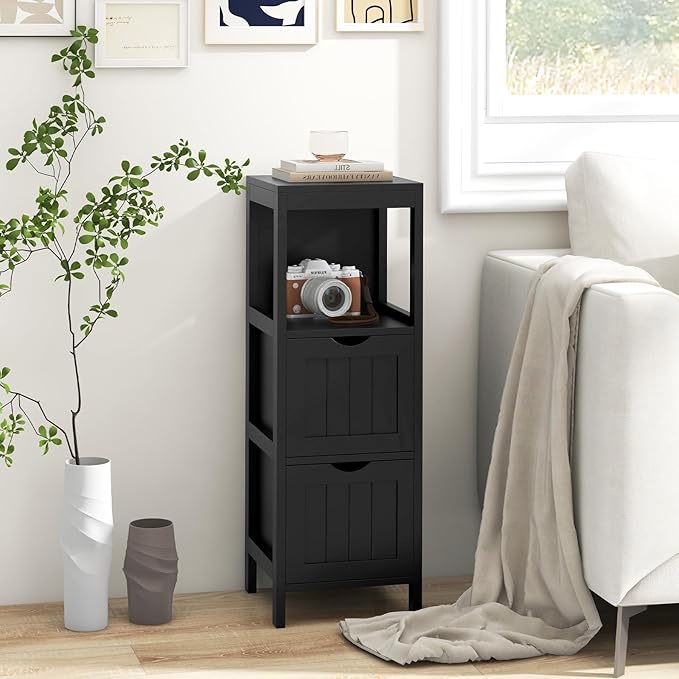 Tangkula Small Bathroom Storage Cabinet with 2 Removable Drawers, Wood Freestanding Floor Cabinet for Bathroom, Anti-Tipping Device, Side Corner Cabinet for Small Spaces (Black)