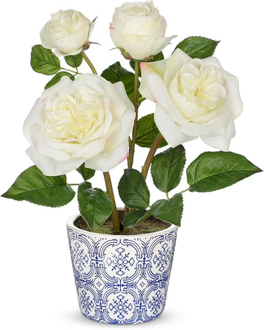 Hollyone White Roses Artificial Flowers in Blue and White Porcelain Vase 13.4" Fake Roses Flower Arrangement Artificial Plants & Flowers Potted Plant Faux Silk Rose Flower with Ceramic Pot Home Decor