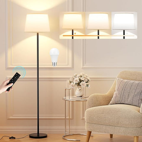 Modern Floor Lamp with Adjustable Brightness, Remote Control, Black, LED Bulbs, White Shade, Foot Switch, Easy Assembly