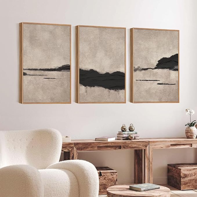 Large Abstract Black and Tan Framed Canvas Wall Art,Vintage Minimalist Wall Decor,Neutral Brush Stroke Artwork,Modern Textured Art Print for Living Room,Bedroom,Office- 24"x36"x3