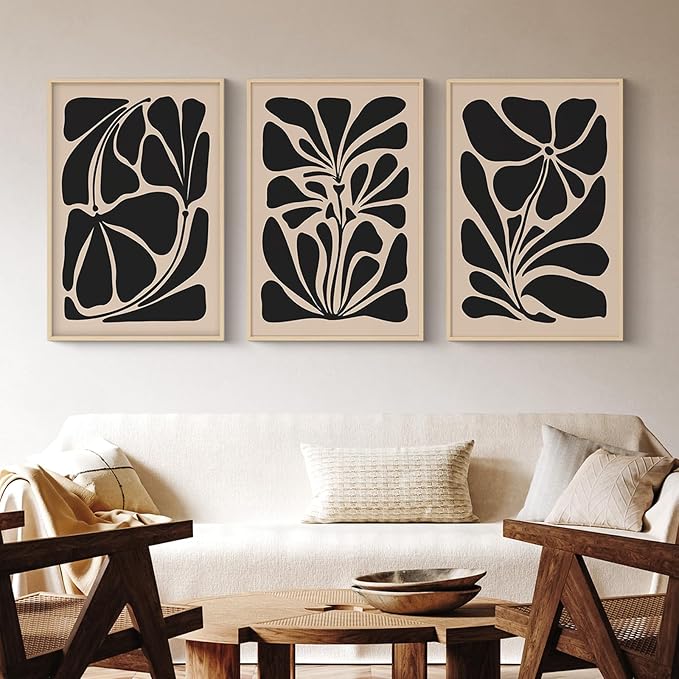 VIYYIEA Large Framed Canvas Wall Art, 24x36in Set of 3, Black White Abstract Floral Art Painting for Living Room Bedroom Office, Above of Bed Modern Minimalist Decor, Big Oversized Vertical Artwork