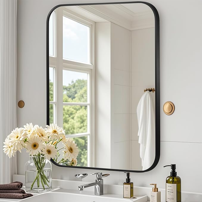 Matte Black Mirror, 22"x30" Rectangle Bathroom Mirror, Metal Frame Rectangle Corner Vanity Mirror, Wall Mounted Mirror for Modern, Living Room, Bedroom, Horizontal Or Vertical