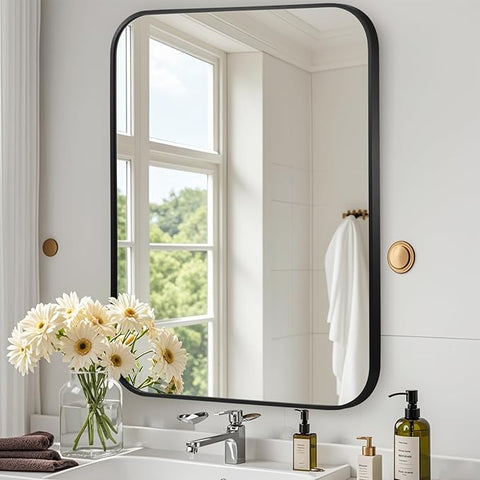 Matte Black Mirror, 22"x30" Rectangle Bathroom Mirror, Metal Frame Rectangle Corner Vanity Mirror, Wall Mounted Mirror for Modern, Living Room, Bedroom, Horizontal Or Vertical