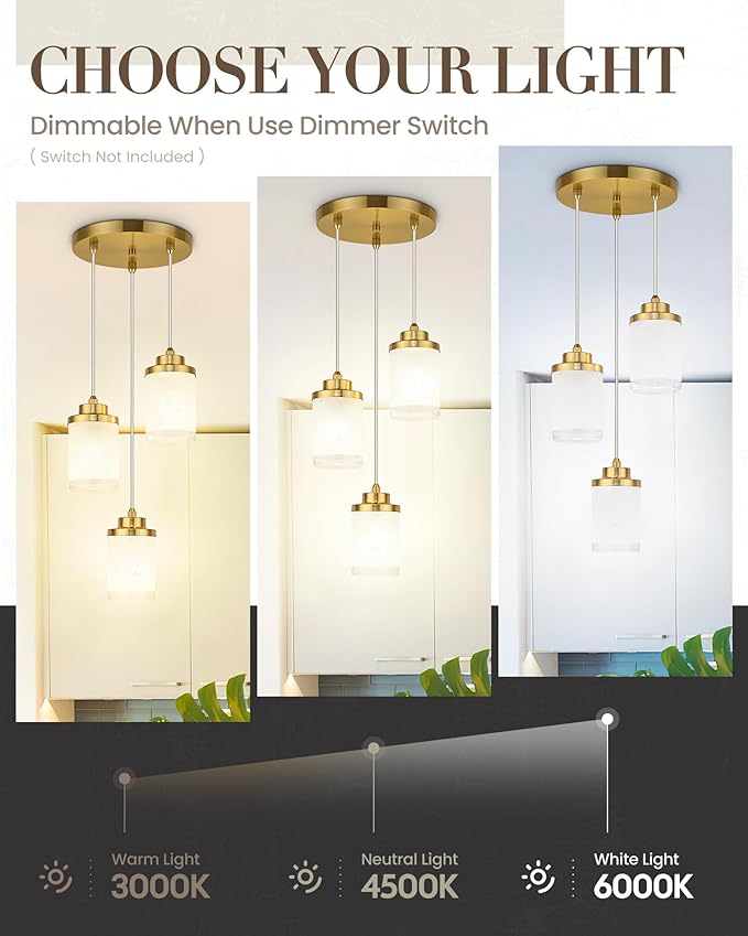 TENGXIN 3-Light Brushed Gold Pendant for Kitchen Island, Hanging Lamp Ceiling Fixture, Glass Light for Bedroom, Farmhouse Pendant for Dining Room