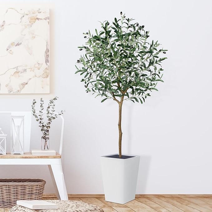 Artificial Olive Tree with White Tall Planter, 5ft Tall Potted Decorative Fake Olive Tree, Large Faux Silk Tree for Home Office Floor Room Decor Plant Indoor Outdoor, Housewarming Gift