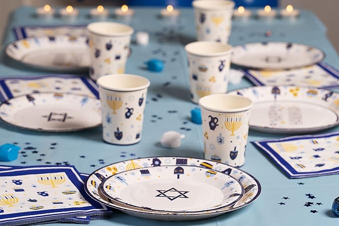 Happy Hanukkah Tableware Pack: Disposable Paper Plates, Napkins and Cups Set for 20