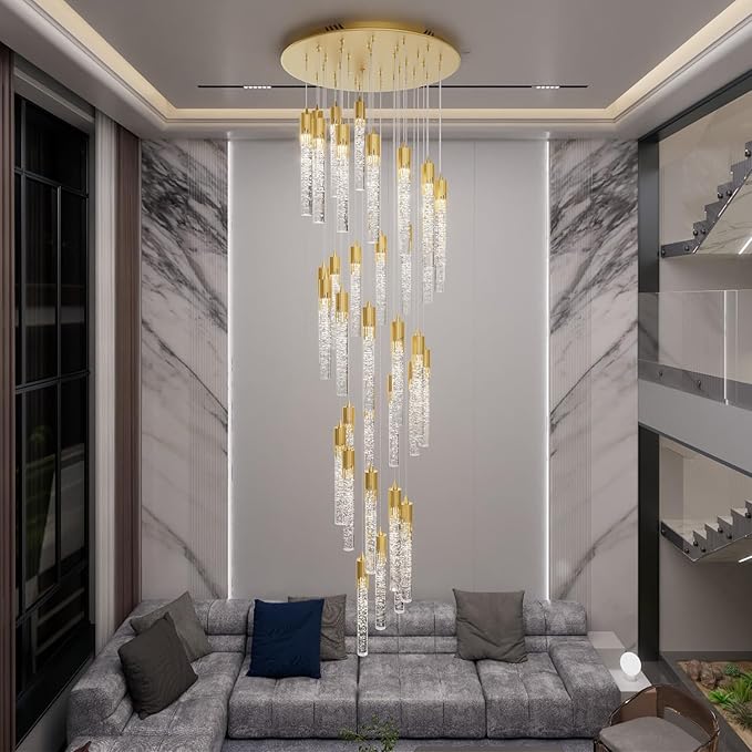 Flashing God 12.5feet Long Staircase Chandelier Gold Bubble Crystal Bolumn Chandeliers Large Foyer Entrance Chandeliers for High Ceiling Big Crystal Chandelier LED Dimmable 2700K-6000K
