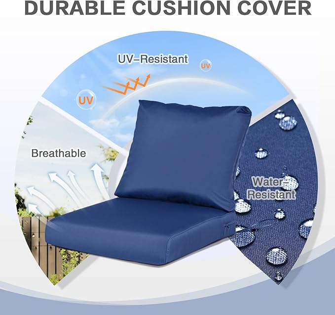 BPS 25x25 Inch Deep Seat Outdoor Cushions Set of 2, Navy Blue Fade-Resistant and Water-Resistant Patio Chair Cushions for Wicker Chairs, Sofas, Love Seats