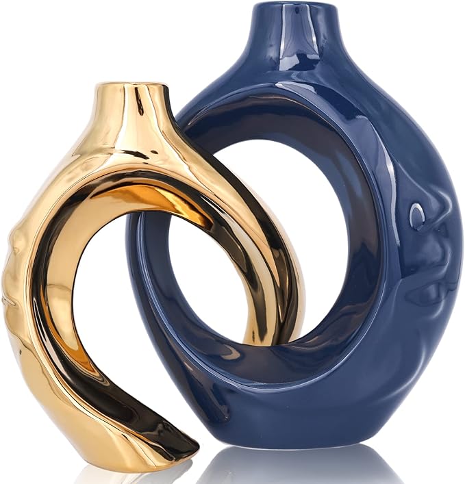 Navy Blue Home Decor Ceramic Vase, Navy Blue Gold Round Vase with Holes Set of 2, Suitable for Wedding Entrance Decoration, Bookshelf, Mantel, Unique Home Decor (Blue Gold)