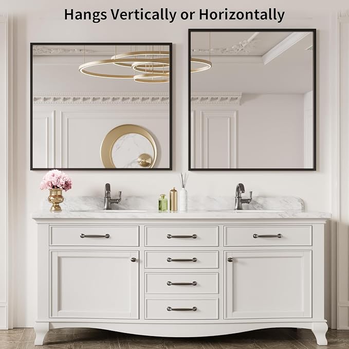 LOAAO 40"X36" Black Rectangle Bathroom Mirror Wall, Matte Black Aluminum Alloy Frame, Tempered Glass, Hangs Vertically or Horizontally, Easy to Install