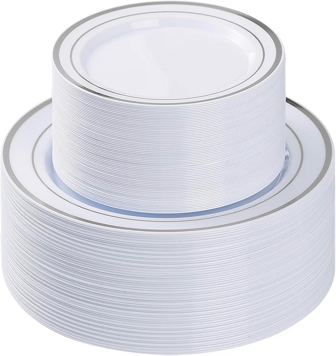 100PCS Silver Plastic Plates, Disposable Party Plates with 50 Dinner Plate and 50 Dessert Plate for Party, Wedding and Birthday