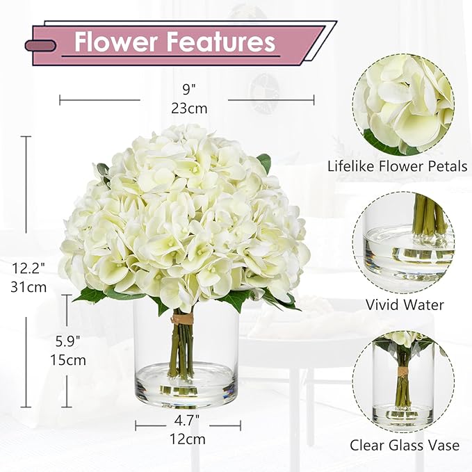 Hollyone Real Touch White Hydrangea Artificial Flowers in Vase Latex Large Faux Hydrangea Flowers Arrangements Hydrangeas Fake Flower with Glass Vase with Faux Water for Table Centerpiece Home Decor