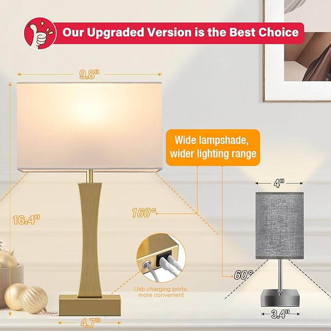 Bedside Lamps for Night Stands - 3 Way Dimmable Table Lamp for Bedroom with USB C+A Ports,Modern Bedside Lamps Set of 2, Touch Lamps for Nightstands(Gold)