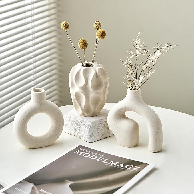 White Ceramic Vase Set of 3, Small Vases for Home Decor, Modern Boho Vase for Pampas Grass, Decorative Round White Vases Centerpieces for Coffee Table Living Room Shelf