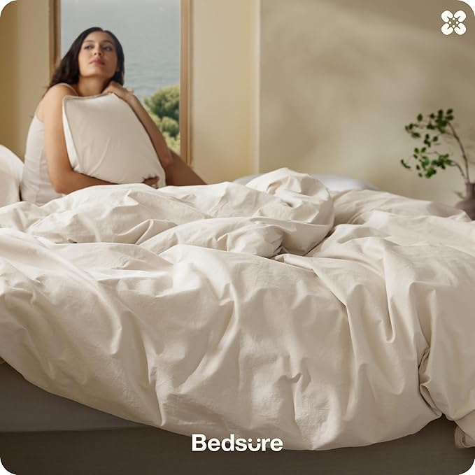 Bedsure Cotton Duvet Cover King - Luxury Slub Weave 100% Cotton Duvet Cover Set with a Linen Like Textured, Easy Change Durable Bedding Set 3 Pieces, Ivory, 104" x 90"