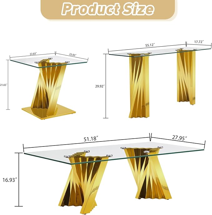 3-Piece Glass Table Set: Modern Coffee & Console Table with Stainless Steel Frames - Living Room Set